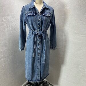 SHEIN Denim Maxi Dress Long Sleeve Belted Jean Trench Coat Style Size 8